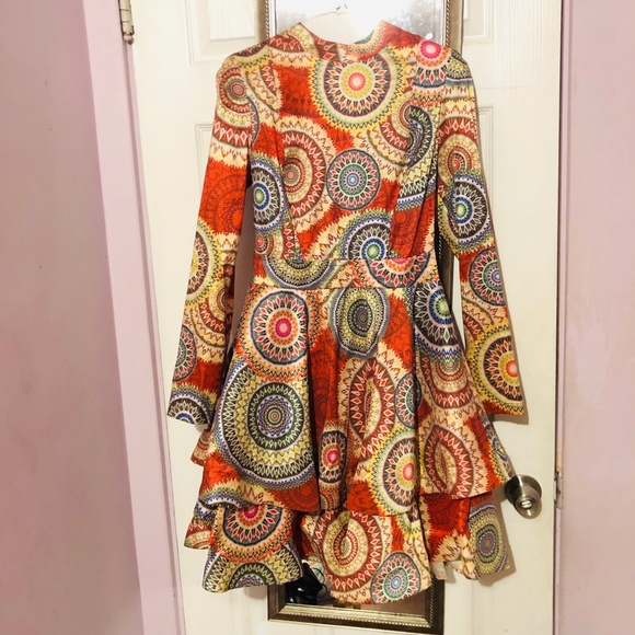 Unique Exotic High Fashion Flare Carretto Print Geometric Dress Knee Length Midi - Picture 3 of 11